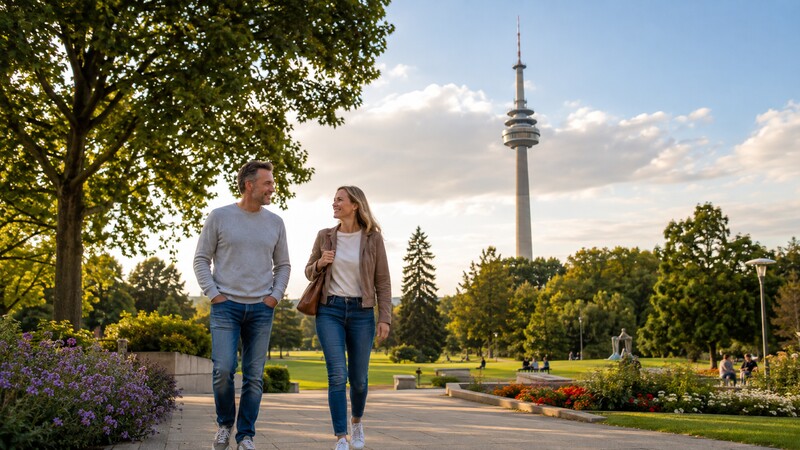 Ein Paar im Westfalenpark mit dem Florianturm in der Abendstimmung über Dortmund