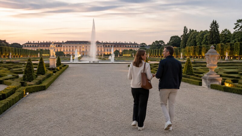 Ein Paar in den Herrenhäuser Gärten bei abendlicher Stimmung in Hannover