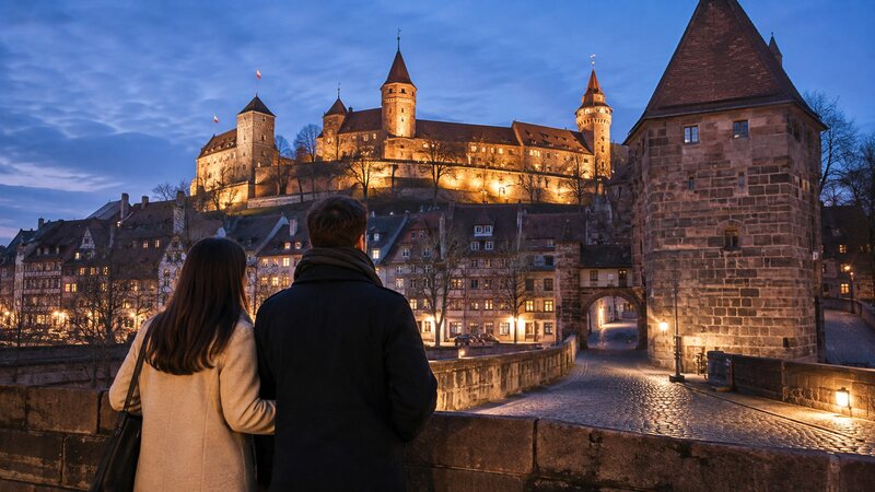 Ein Paar blickt in der Abenddämmerung auf die Kaiserburg Nürnberg