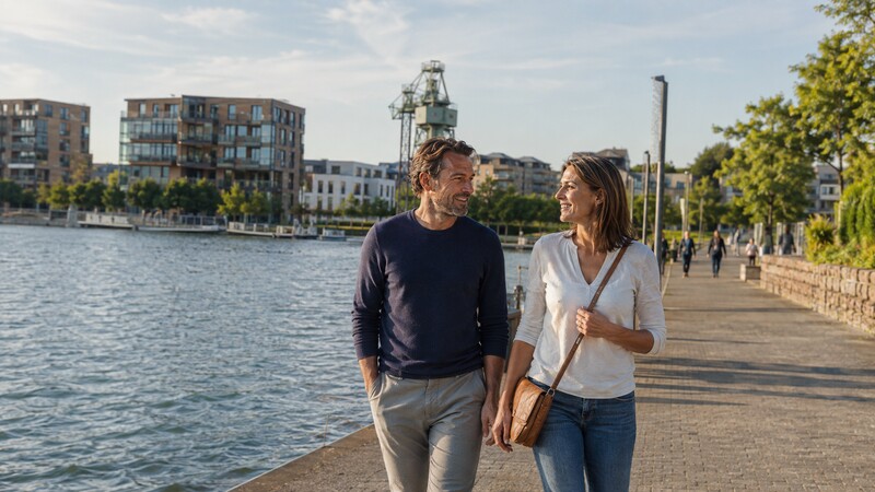 Ein Paar spaziert am Ufer des PHOENIX Sees in Dortmund-Hörde