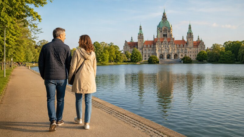 Ein Paar spaziert am Maschsee mit dem Neuen Rathaus in Hannover im Hintergrund